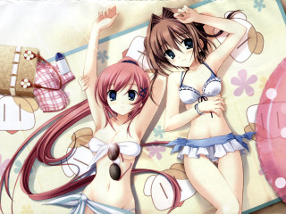 Anime girls beach pink umbrella - two anime girl free wallpaper for desktop