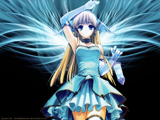Anime girl sword wings blue - her head and a dress free wallpaper