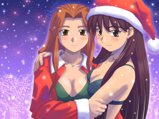 Santa hug anime girls christmas - santa hat free wallpaper