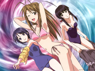 Three girls bathing suits pink - swirl free wallpaper