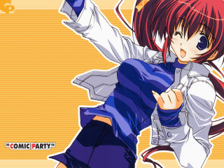 Anime girl redhair blueeyes pointing - a yellow background free wallpaper