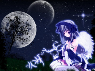 Girl fullmoon stars tree anime - the ground in front free wallpaper