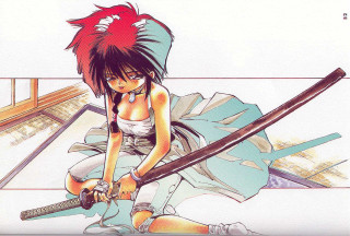 Red haired sword woman kneeling - yukito kishiro free wallpaper