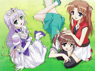 Three anime girls field doll - the ground in a field of grass free wallpaper