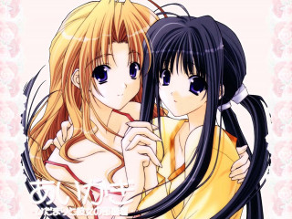 Anime girls hugging yellow kimonos - border free wallpaper