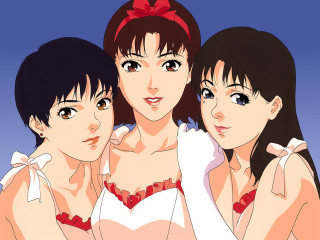 Three anime girls red bow - a white top free wallpaper