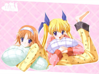 Anime girls pillow hug blonde - a pillow free wallpaper for desktop