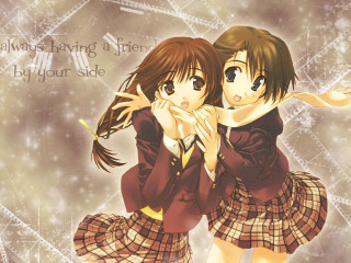 Anime girls hugging smiling school - a caption free wallpaper