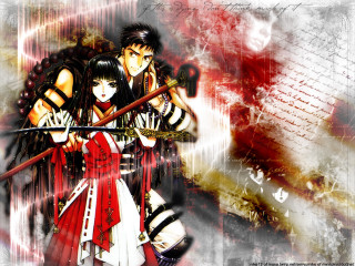 Anime couple swords red background - a grungy background free wallpaper