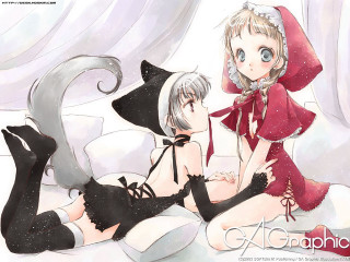 Anime girls bed cat capelet - top of a bed together free wallpaper