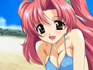 Pink haired girl beach bikini - big eye free wallpaper