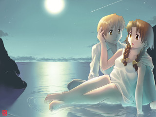Anime couple water moon beach - the water together free wallpaper