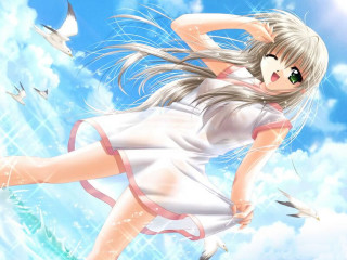 Girl flying birds blue sky - chizuko yoshida free wallpaper for desktop