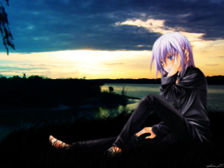 Sitting on grass near water - an anime drawing free wallpaper