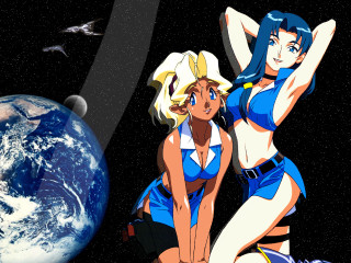 Two women blue outfits planet - overhead free wallpaper for desktop