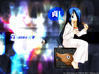Blue haired anime woman sitting - a tv free wallpaper
