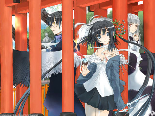 Anime couple red torii bird - over them free wallpaper