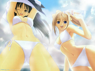 Anime girls bikinis hats cloudy - a bottle free wallpaper