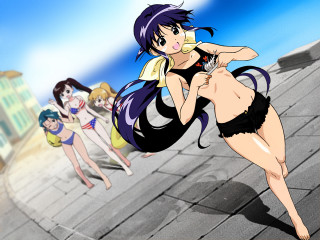 Rooftop bathing suits anime girls - a cartoon picture of a woman in a bikini free wallpaper