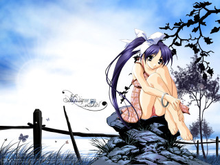 Girl sitting rock sword tree - a sky free wallpaper