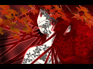 Woman red leaves autumn anime - her head free wallpaper