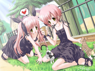 Two girls cats dresses park - a cup free wallpaper