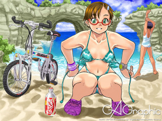 Cartoon woman bikini beach bicycle - a detailed drawing free wallpaper