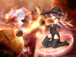 Witch girl space scene moon - a table in front free wallpaper