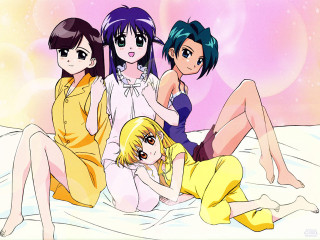 Women bed yellow dresses short - top of a bed together free wallpaper