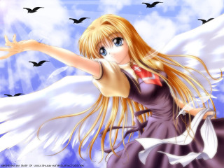 Angel blonde haired girl flying - white wing free wallpaper