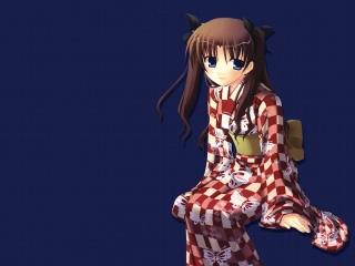 Anime girl checkered outfit sitting - synthetism free wallpaper