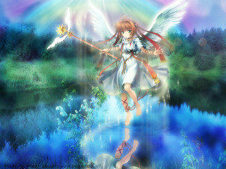 Girl sword wings river rainbow - a fish free wallpaper