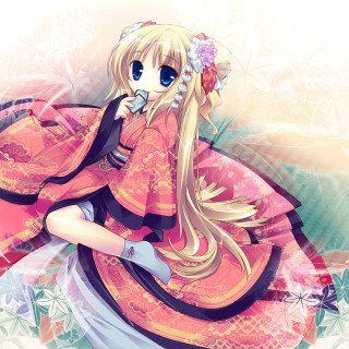 Pink girl flower kimono sitting - background free wallpaper for tablet