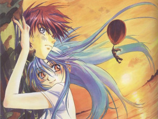 Sunset anime couple watercolor hug - over them free wallpaper