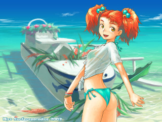 Cartoon girl beach bikini boat - a beach next free wallpaper