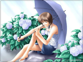 Woman sitting umbrella hydrangea flower - figurative art free wallpaper