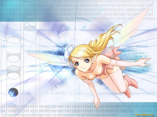 Angel fairy blonde haired flying - a blue background behind her free wallpaper for desktop