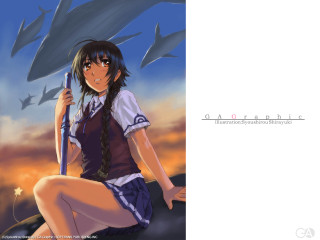 Girl sword rock dolphins sky - a dolphin free wallpaper