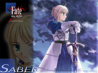 Saber blonde armor clouds glowing - the background and a caption free wallpaper