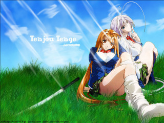 Anime girls sitting grass sky - a sky background behind them free wallpaper