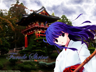 Purple hair woman shrine outdoors - a baseball bat in front free wallpaper