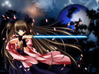 Girl sword fullmoon starry night - long hair holding free wallpaper