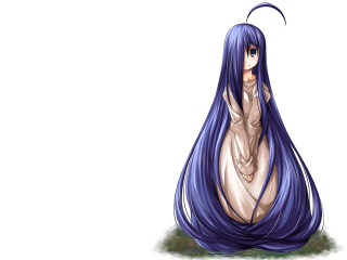 Bluehair animegirl sitting smiling longhair - her hand behind her head free wallpaper for desktop