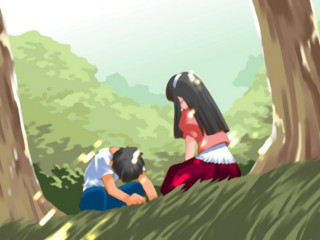 Couple sitting in nature with - a child free wallpaper