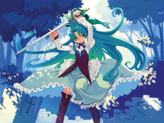 Forest castle woman sword greenhair - a sword in a forest free wallpaper