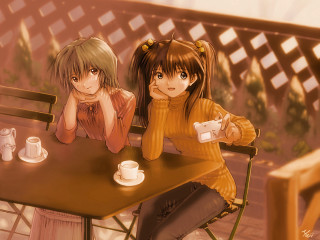 Two girls coffee cellphone anime - a camera free wallpaper for desktop