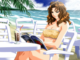 Woman beach bikini lounge table - her hand and a book in her other hand free wallpaper