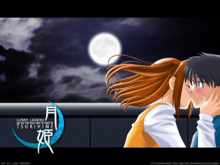 Full moon romantic anime kiss - a couple of anime characters free wallpaper