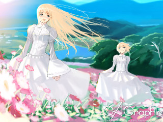 Flower field girls blonde dress - the background and a sky free wallpaper