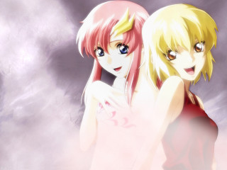 Blonde girls anime pink clouds - blonde hair free wallpaper